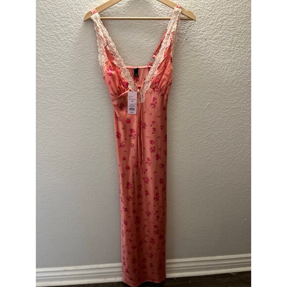 Wild Fable Pink Satin Floral Lace Maxi Slip Dress XXS Y2K Coquette Romantic - Picture 3 of 5